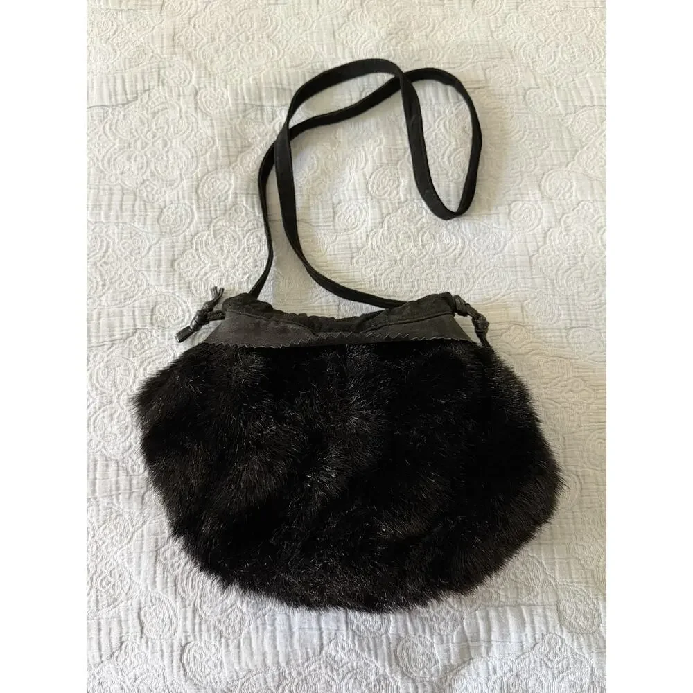 VTG 00s Y2K‎ Dennis Basso Faux Fur Shoulder Crossbody Bucket Bag Leather Black